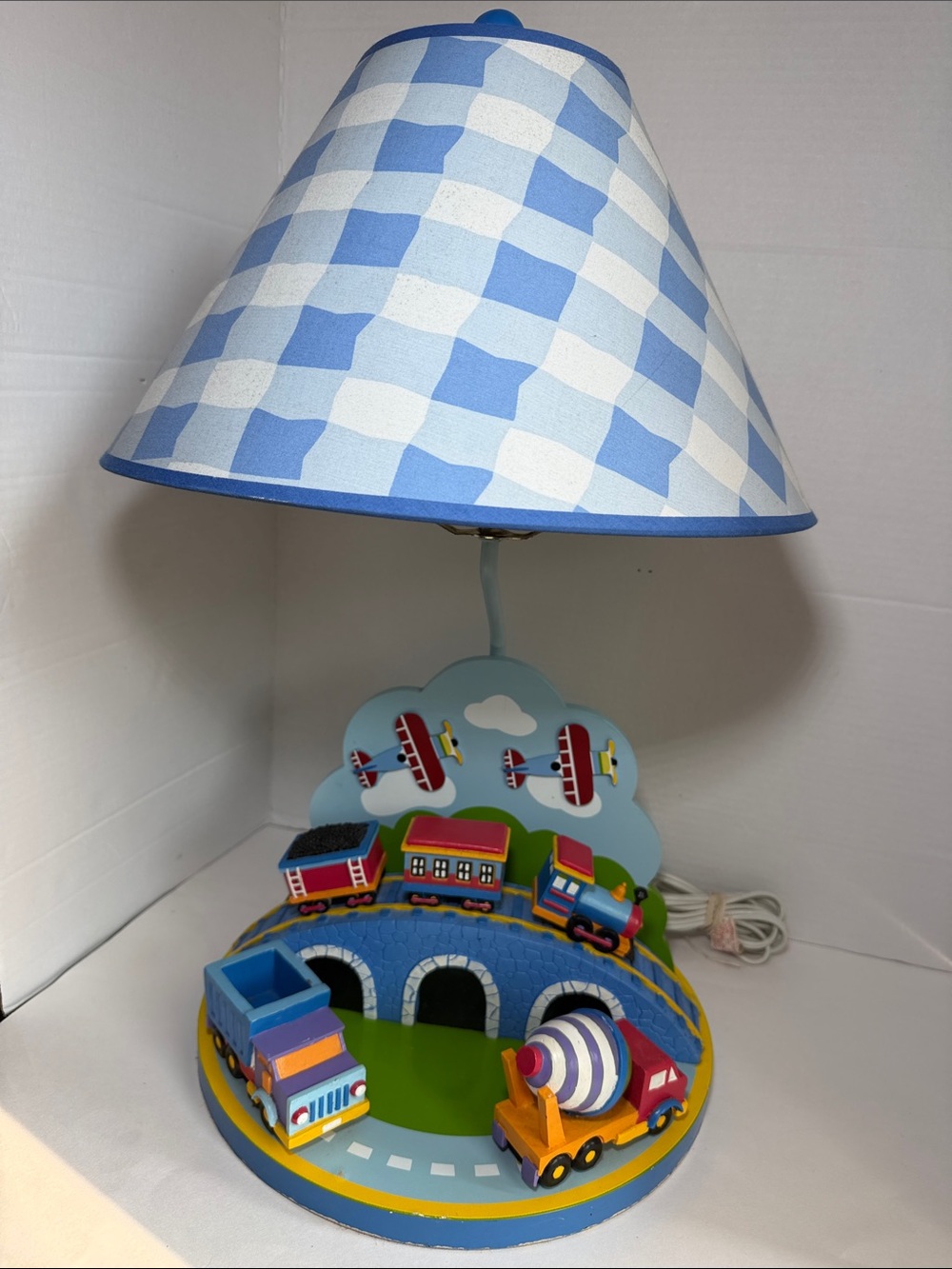 Vintage Blue and White Checkered Kids Train Table Lamp